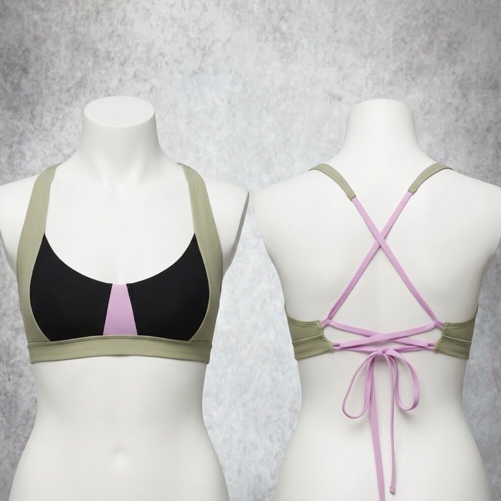 PrAna Tulum Bikini Top Size M Black Color Block Cross Back Sporty Swim Bra NEW!